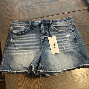 High Waist Distressed Denim Shorts - Blue